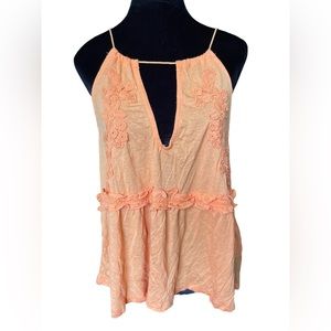 Coco + Jaimeson Orange Linen Boho Hippie Coastal Beach Embroidered Floral Top